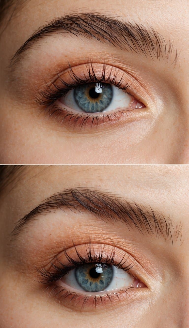 A close-up of a pair of eyes with soft peach eyeshadow in natural daylight