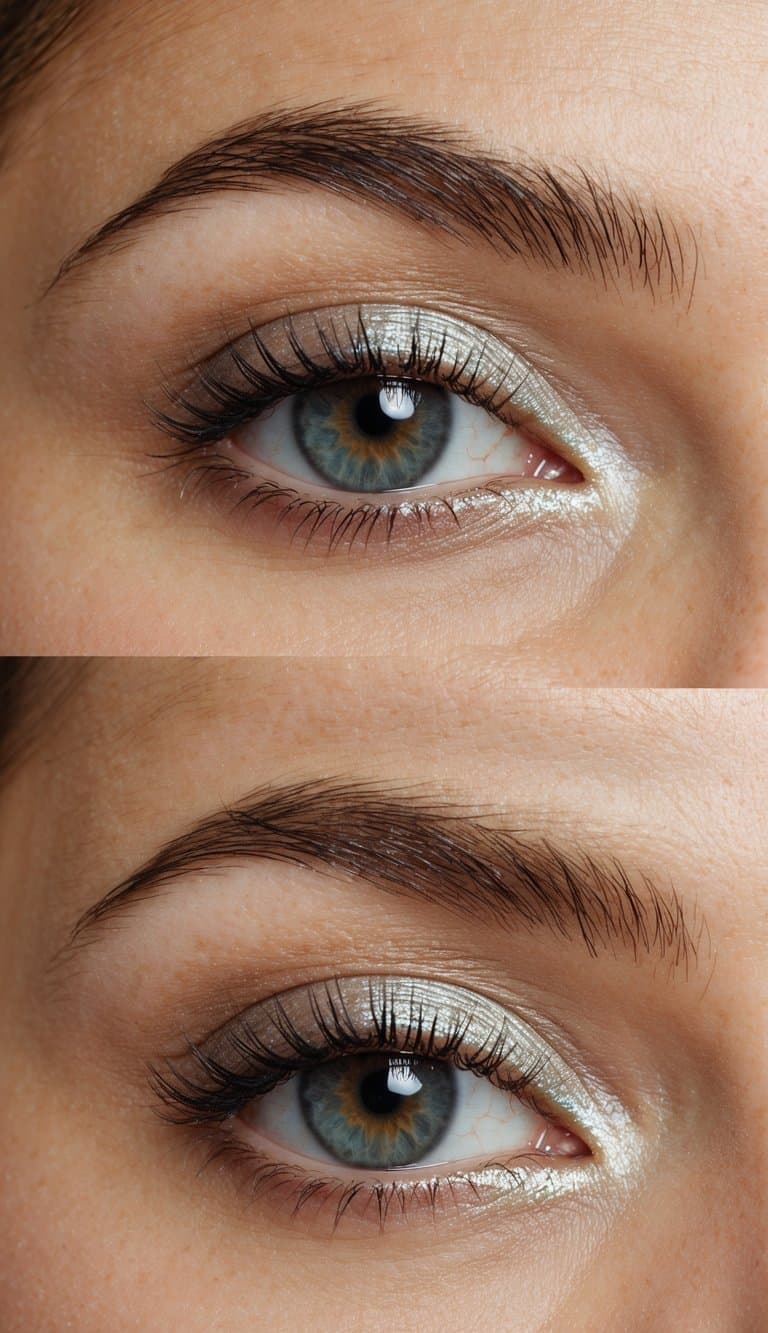 A close-up of an eye with iridescent pearl eyeshadow in natural daylight