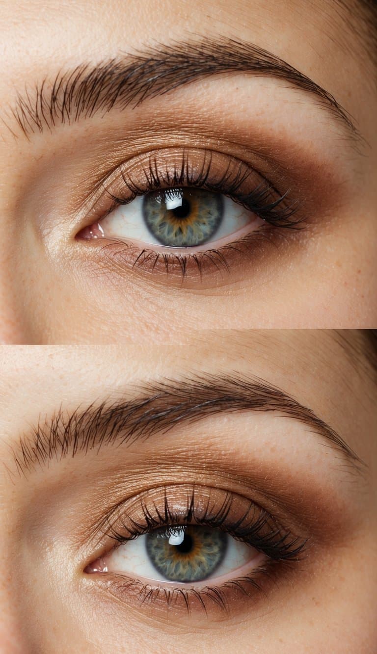 A close-up of an eye with soft matte bronze eyeshadow, natural lighting, and a fresh, clean background