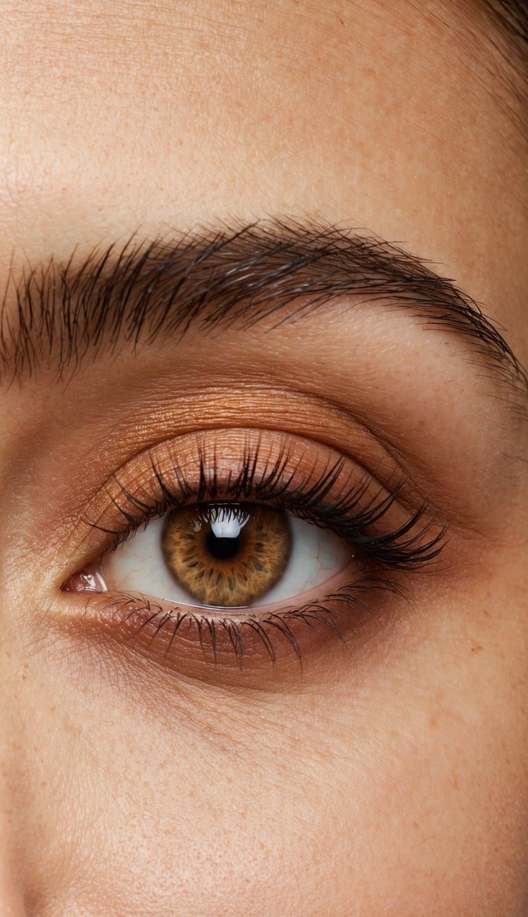 A close-up of an eye with warm, matte eyeshadow in natural lighting