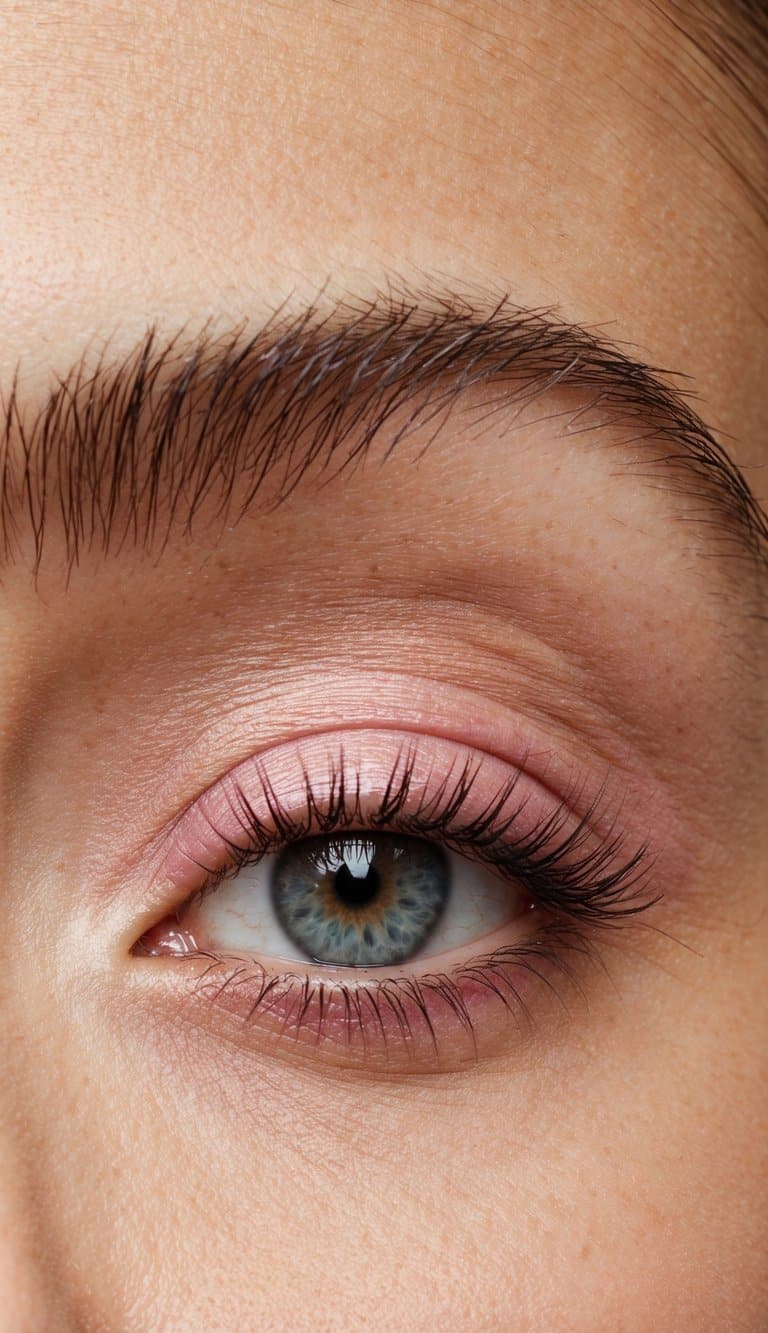 A close-up of an eye with barely pink eyeshadow, soft matte finish, and natural lighting