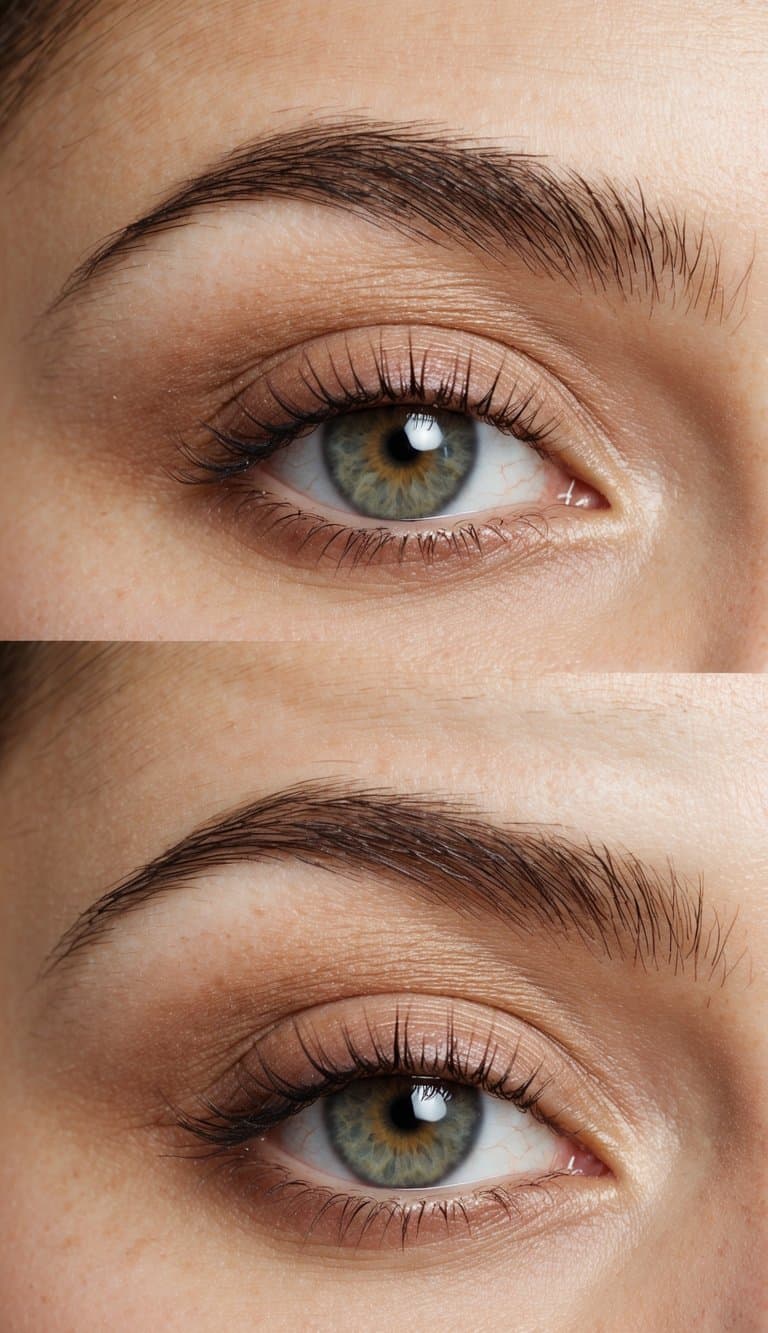 A close-up of an eye with warm neutral eyeshadow in soft matte shades, creating a fresh and natural daytime makeup look