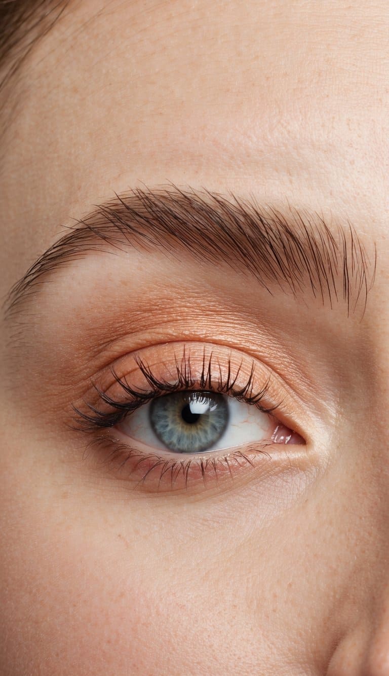 A close-up of an eye with pale coral eyeshadow and soft matte tones, creating a fresh and natural daytime makeup look