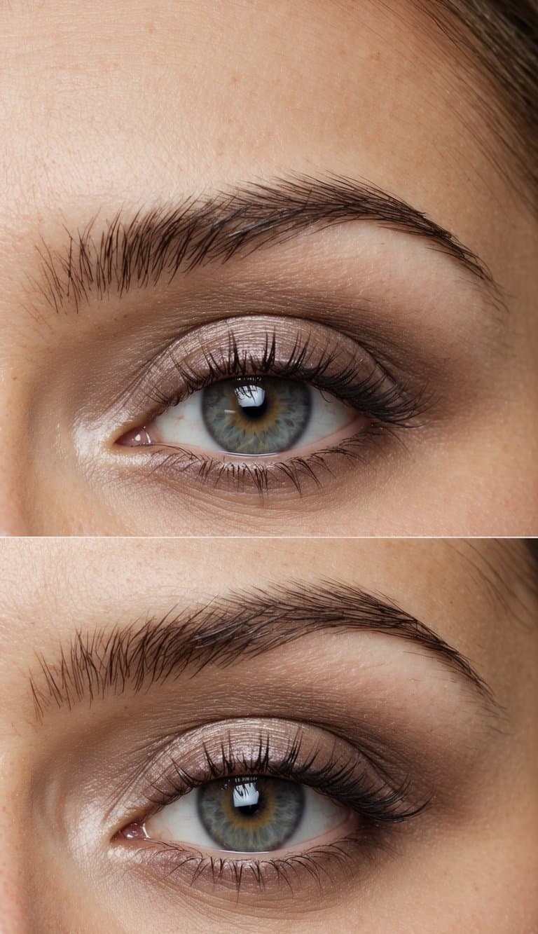 A close-up of an eye with taupe velvet eyeshadow and soft matte colors, creating a fresh and natural daytime makeup look