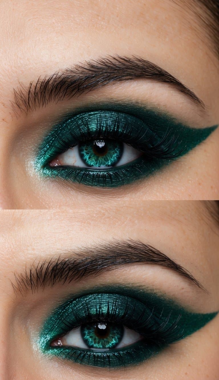 A smoky emerald winged eye with luxurious green eyeshadow
