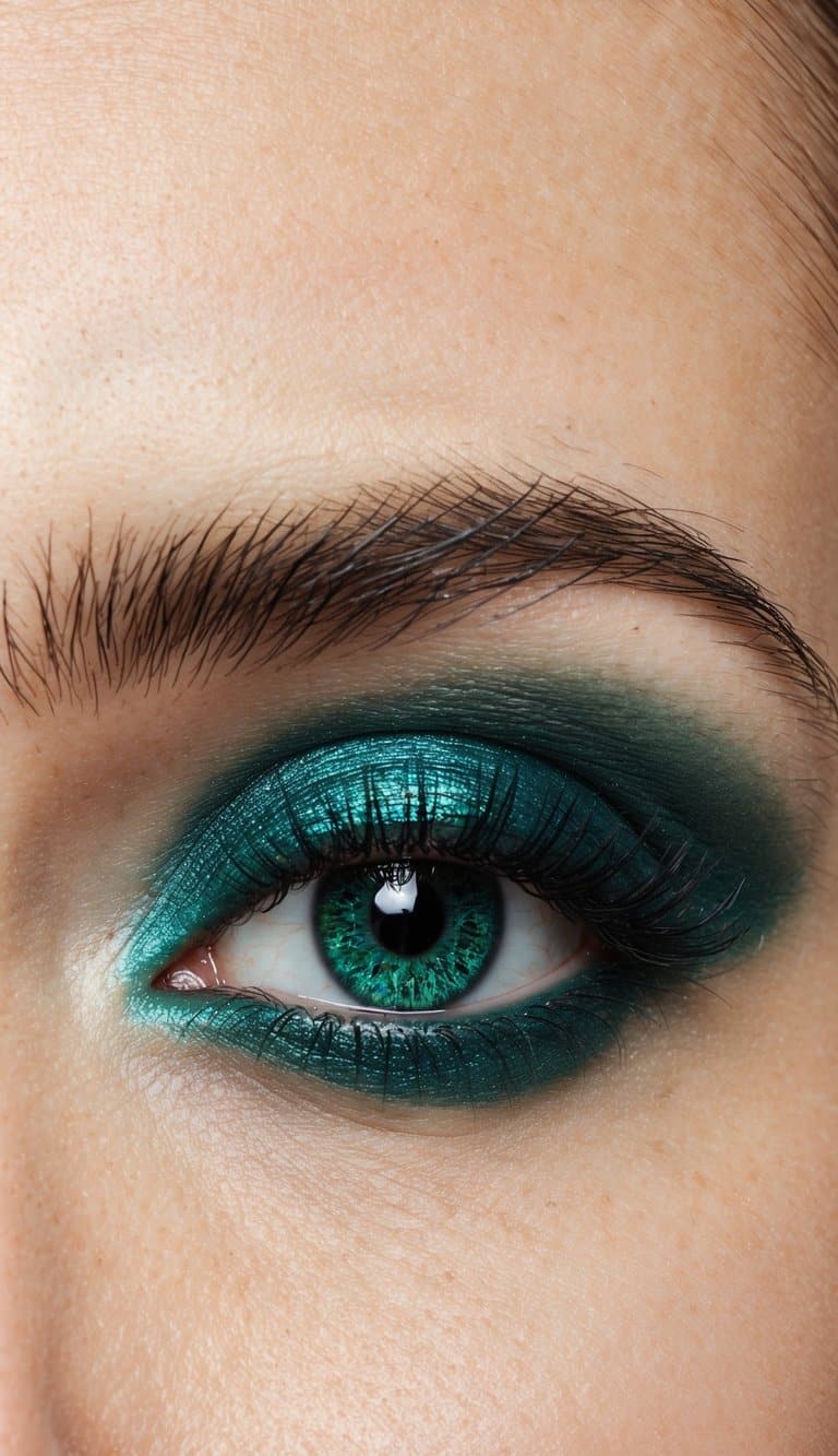 A close-up of an eye with luxurious emerald green eyeshadow, blending into jewel tones