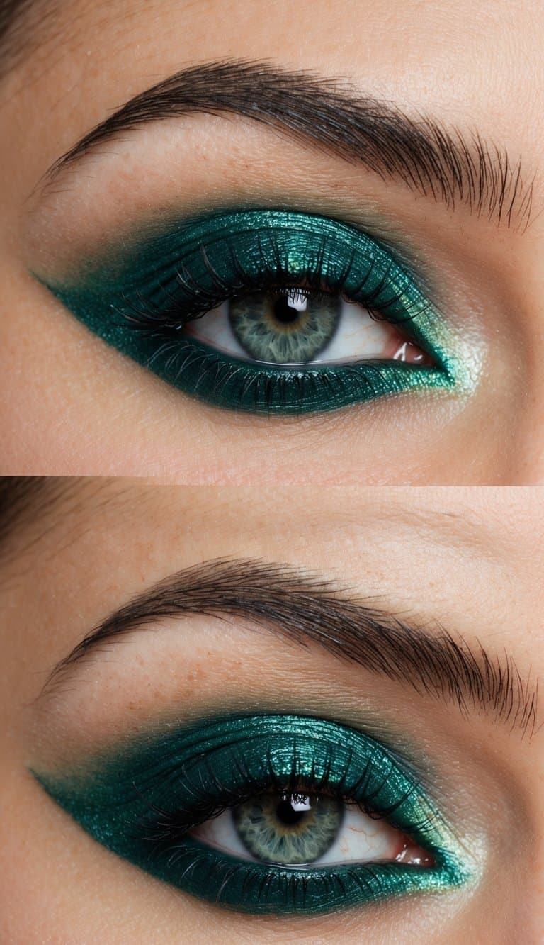 Close-up of a person's eye with bold green eyeshadow and eyeliner, highlighting detailed eyelashes and a well-groomed eyebrow.