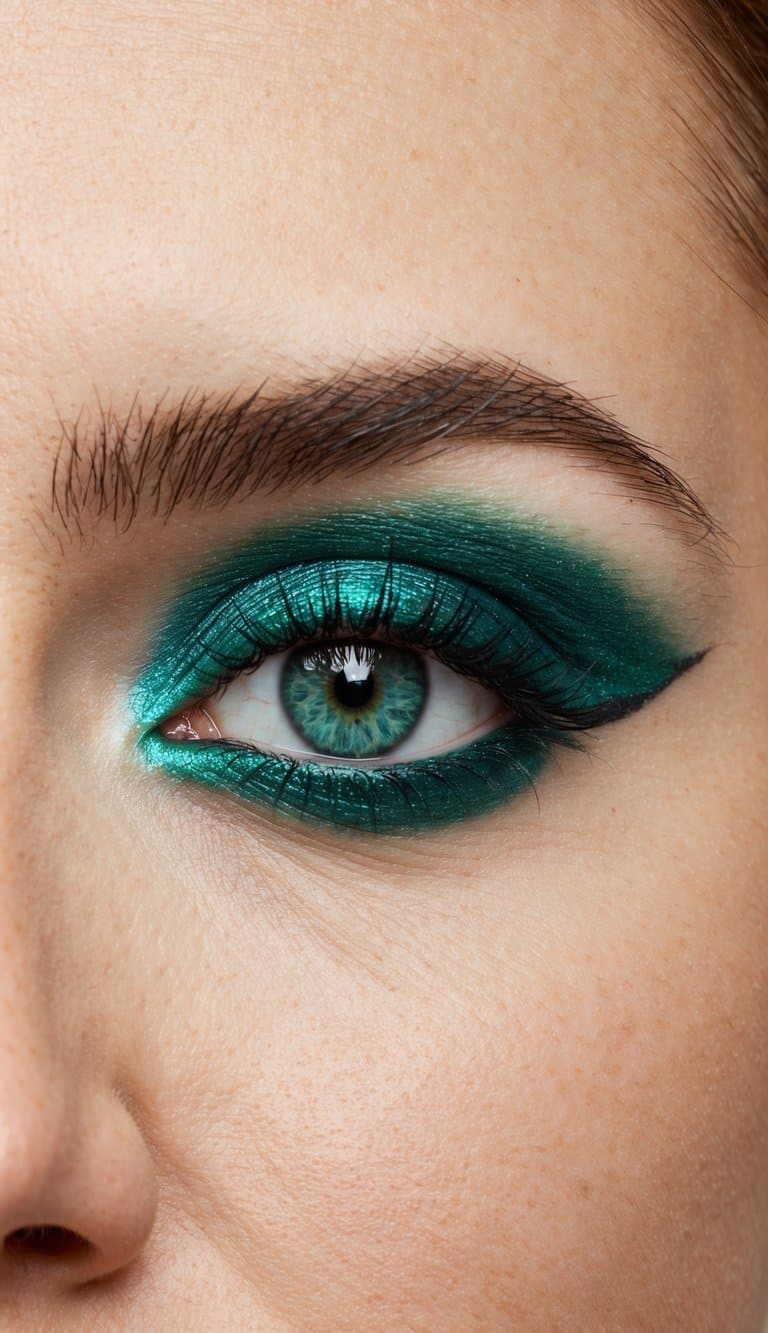 A close-up of an eye with emerald green eyeshadow and a bright inner corner highlight