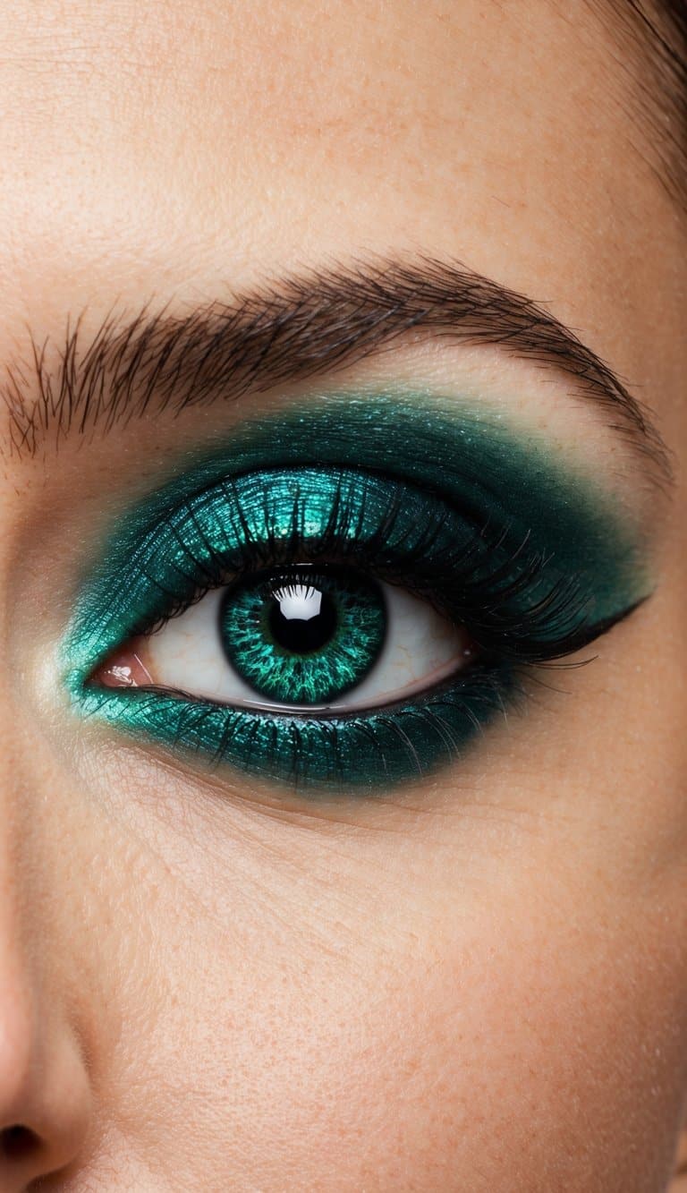 A close-up of an eye with luxurious emerald green makeup, shimmering and vibrant against the skin