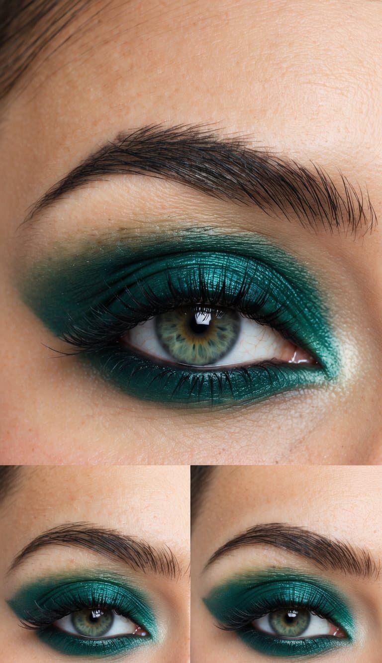 A close-up of an eyelid with a soft, luxurious emerald green eye makeup look