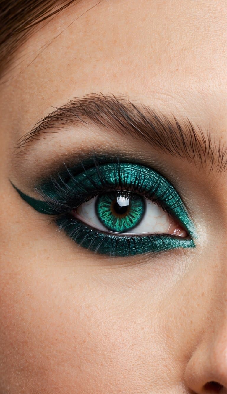 A close-up of an eye with luxurious emerald green makeup, highlighting the subtle accents and intricate details