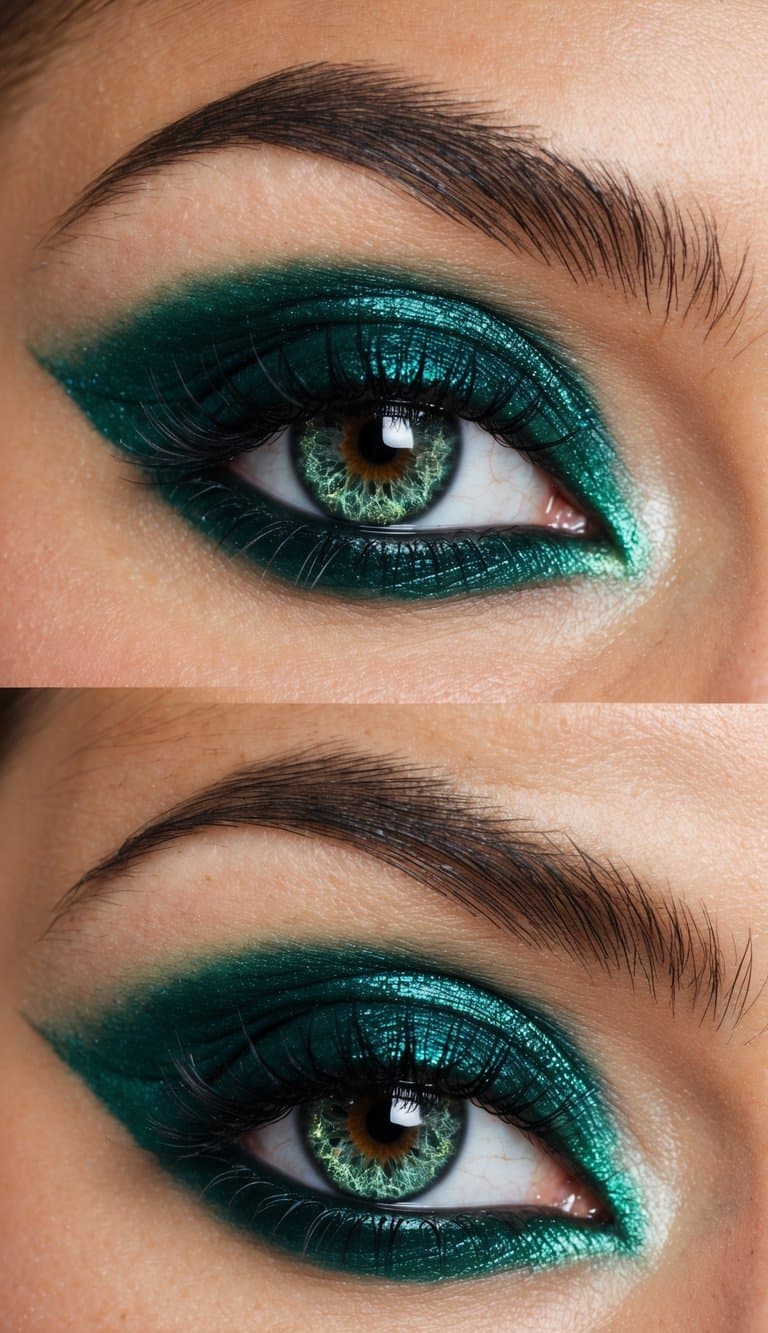 A close-up of an eye with luxurious emerald green makeup, shimmering and captivating
