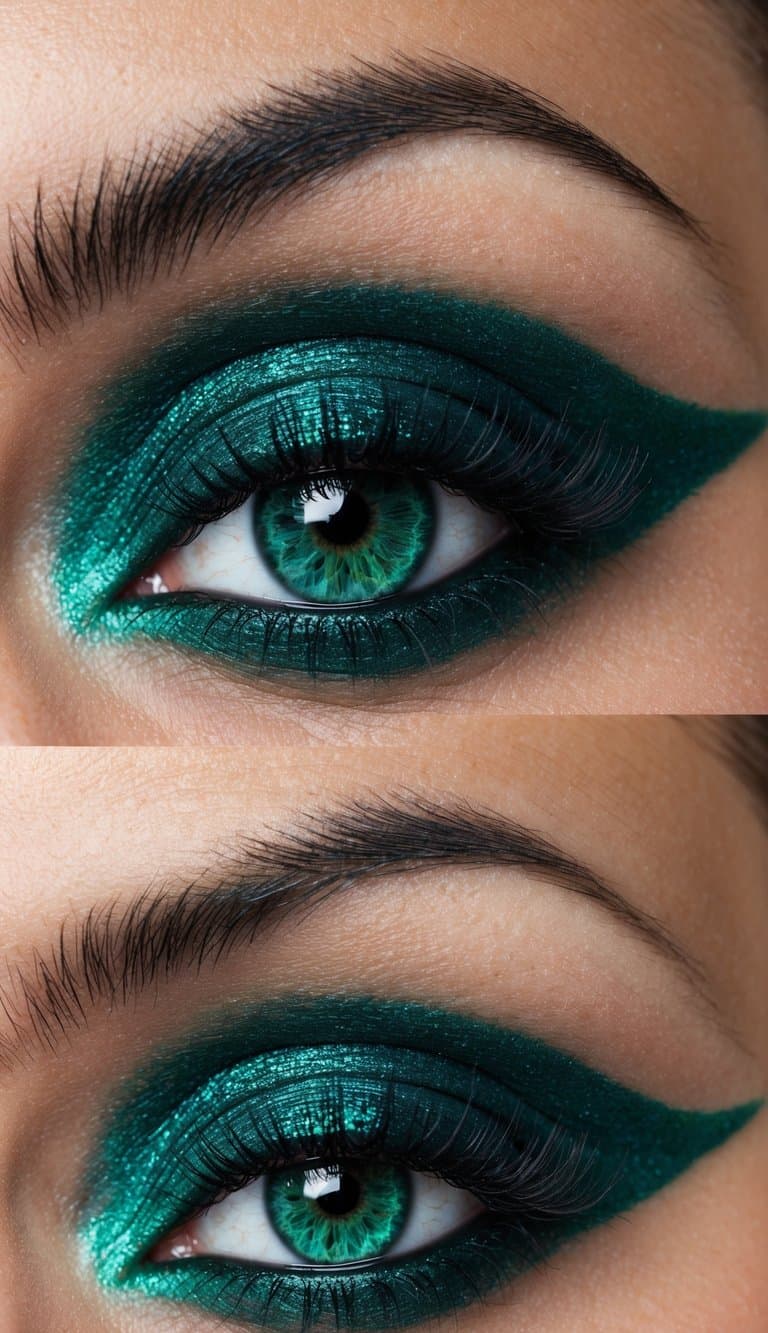 A close-up of a mesmerizing emerald green eye with intricate makeup details and a sense of mystery