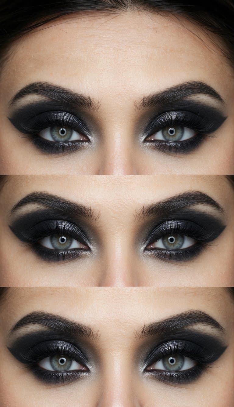 A close-up of a grunge-inspired eye with smudged dark makeup and bold eyeliner