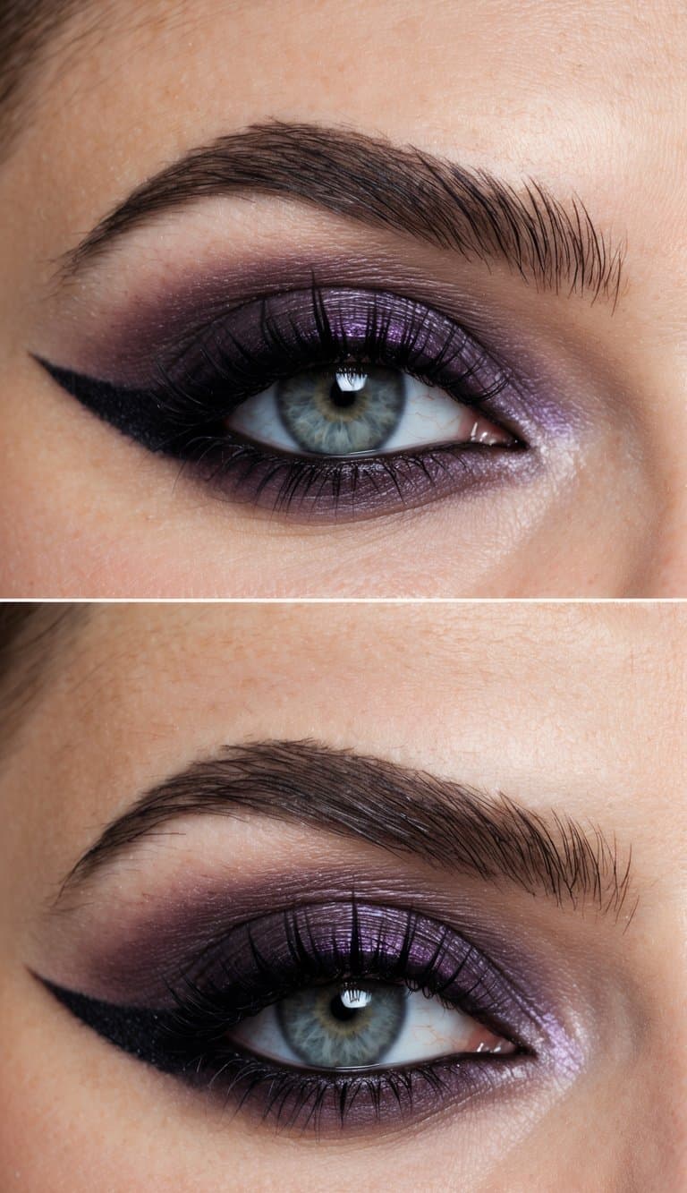 A close-up of a smoky plum storm-inspired eye makeup look with smudged edges and a grunge vibe