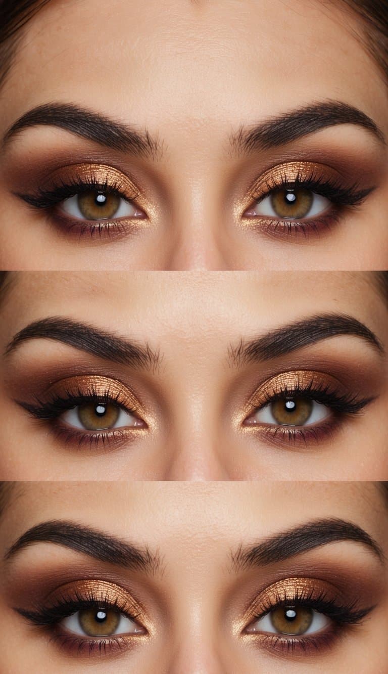 A close-up of hazel eyes adorned with warm bronze and plum eyeshadow, creating a stunning and alluring makeup look