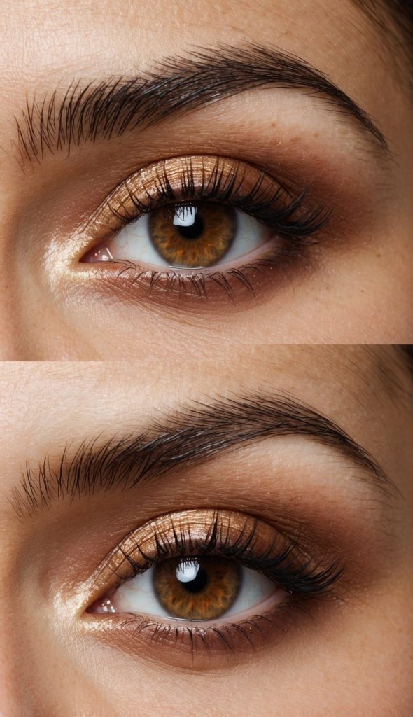 Close-up of two eyes with brown irises, enhanced lashes, and shimmery gold eyeshadow.