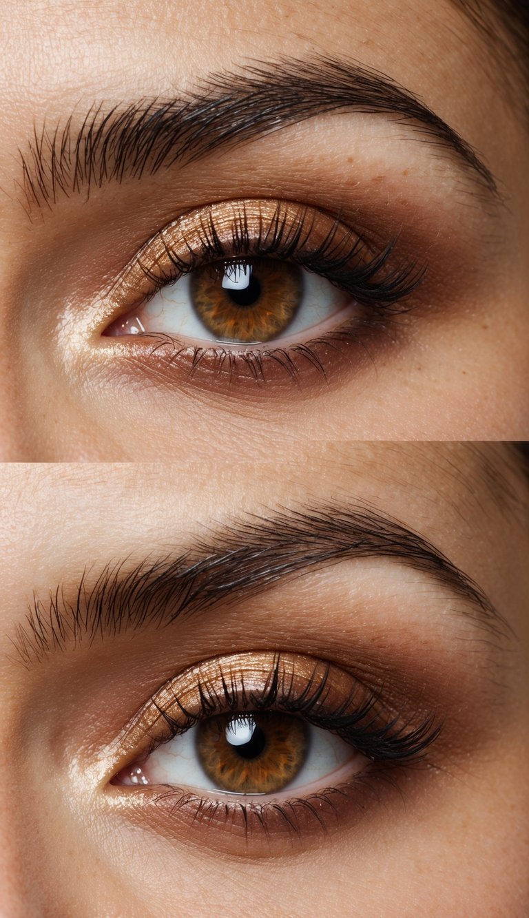 Close-up of two eyes with brown irises, enhanced lashes, and shimmery gold eyeshadow.