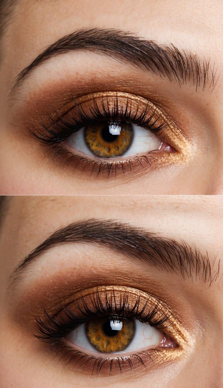 A close-up of hazel eyes with golden brown mascara, surrounded by warm bronze eyeshadow, creating a stunning and captivating makeup look