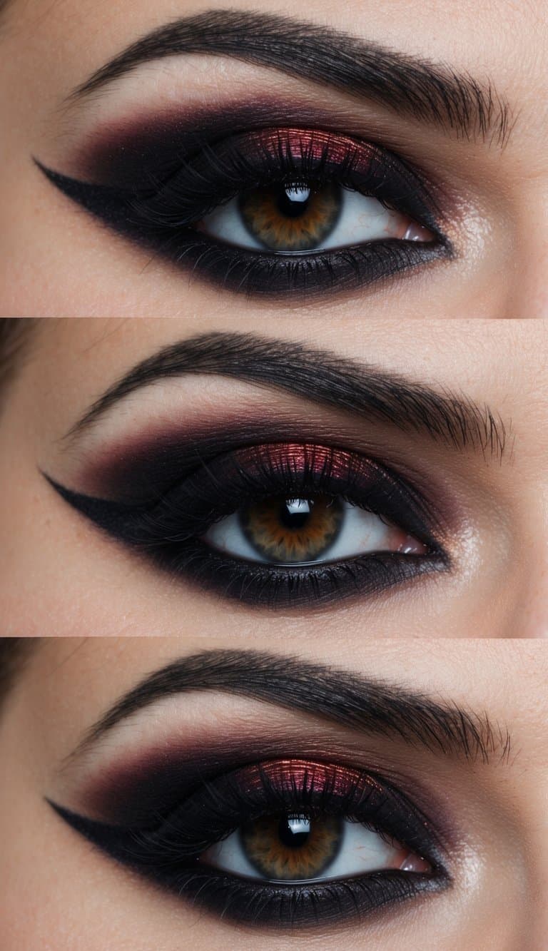 A close-up of a dark and edgy eye with smudged grunge-inspired makeup, featuring bold black liner and deep red eyeshadow