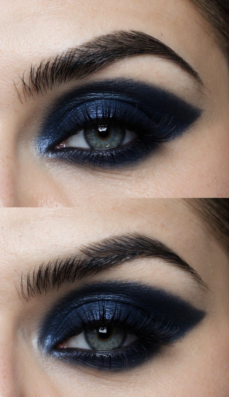 A dark, edgy eye makeup look with smudged indigo and black eyeshadow, creating a grunge-inspired aesthetic
