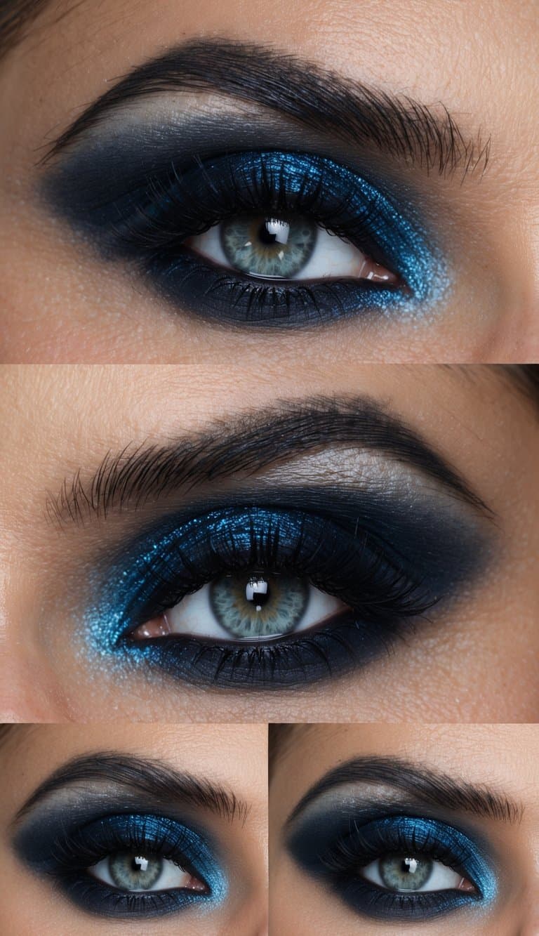 A close-up of a smudged, dark and edgy grunge-inspired eye makeup look with cosmic sapphire fusion colors