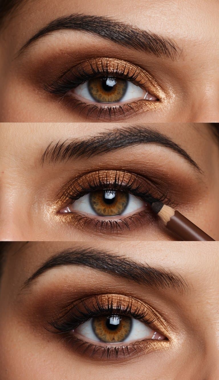 A close-up of hazel eyes adorned with warm bronze eye makeup, featuring an espresso eye pencil for a stunning and sultry look