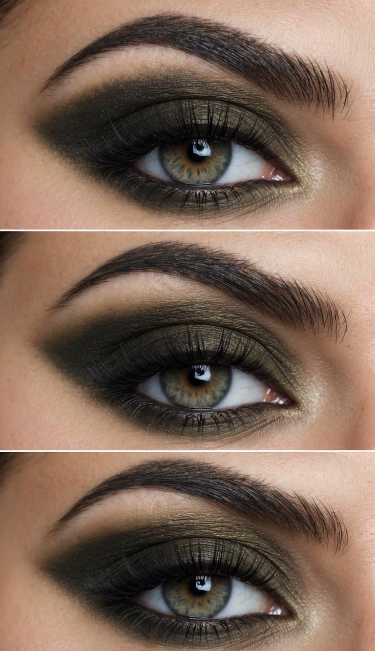A close-up of a smudged, dark olive drab eye makeup look with a grunge-inspired aesthetic