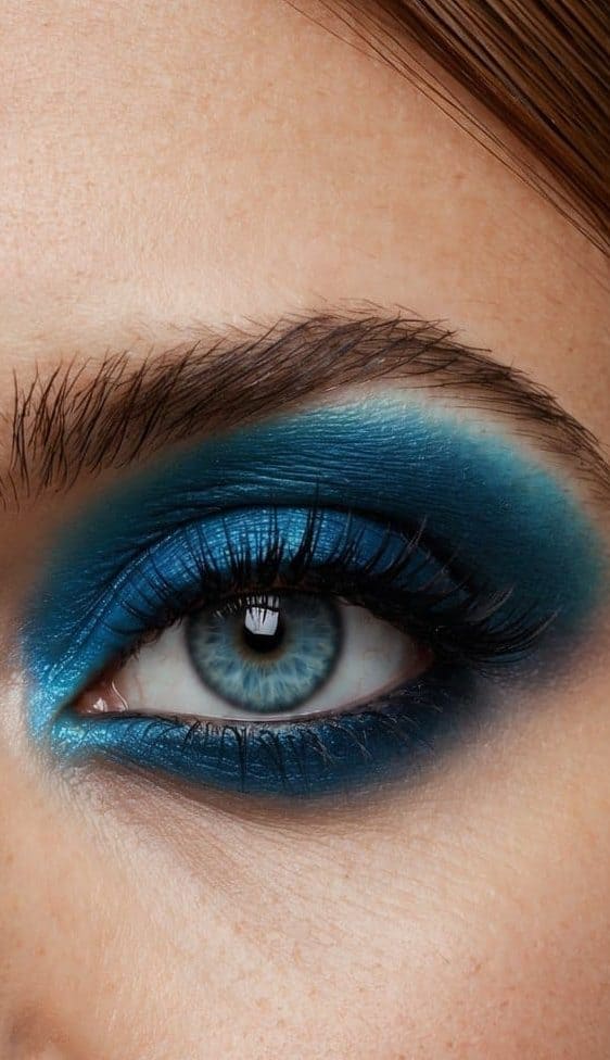 A close-up of a cobalt dusk charm with smudged grunge-inspired eye makeup