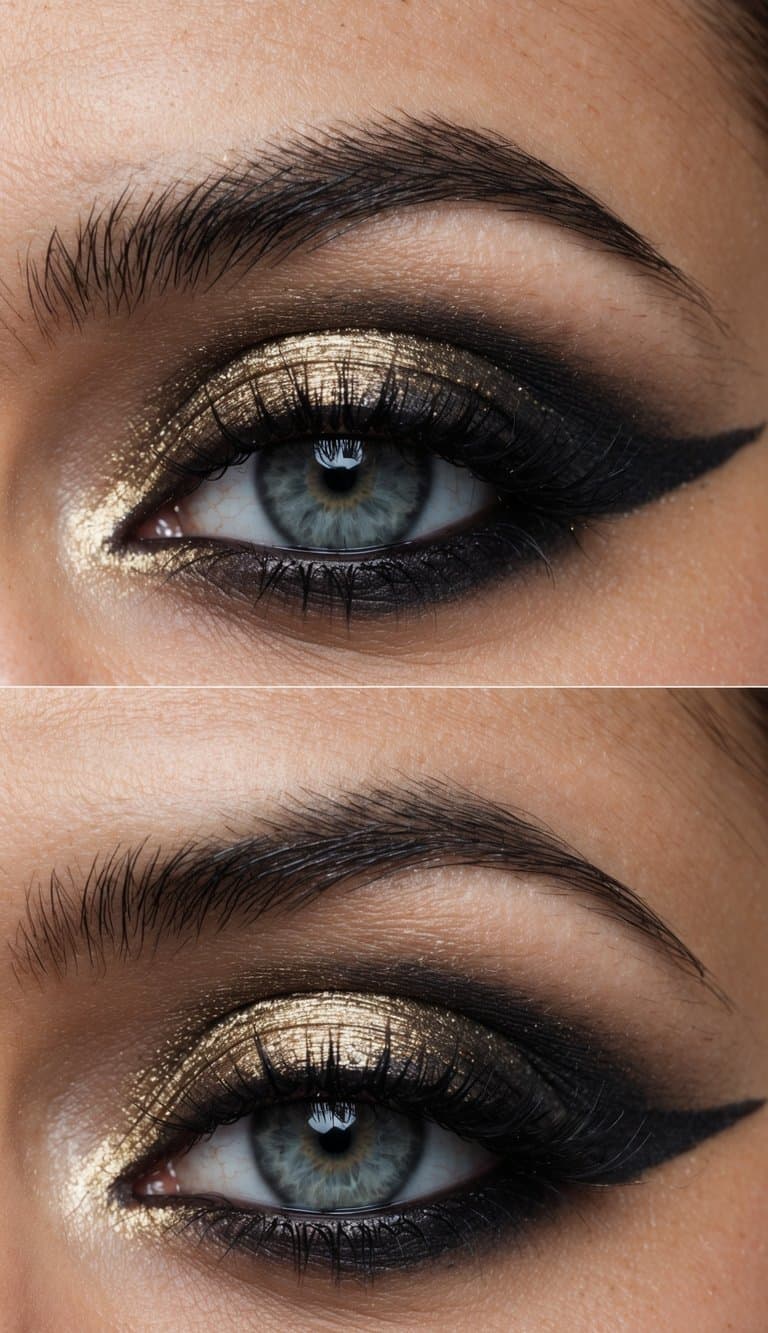 A close-up of a smudged, ashen gold glint eye makeup look with a dark and edgy grunge-inspired vibe