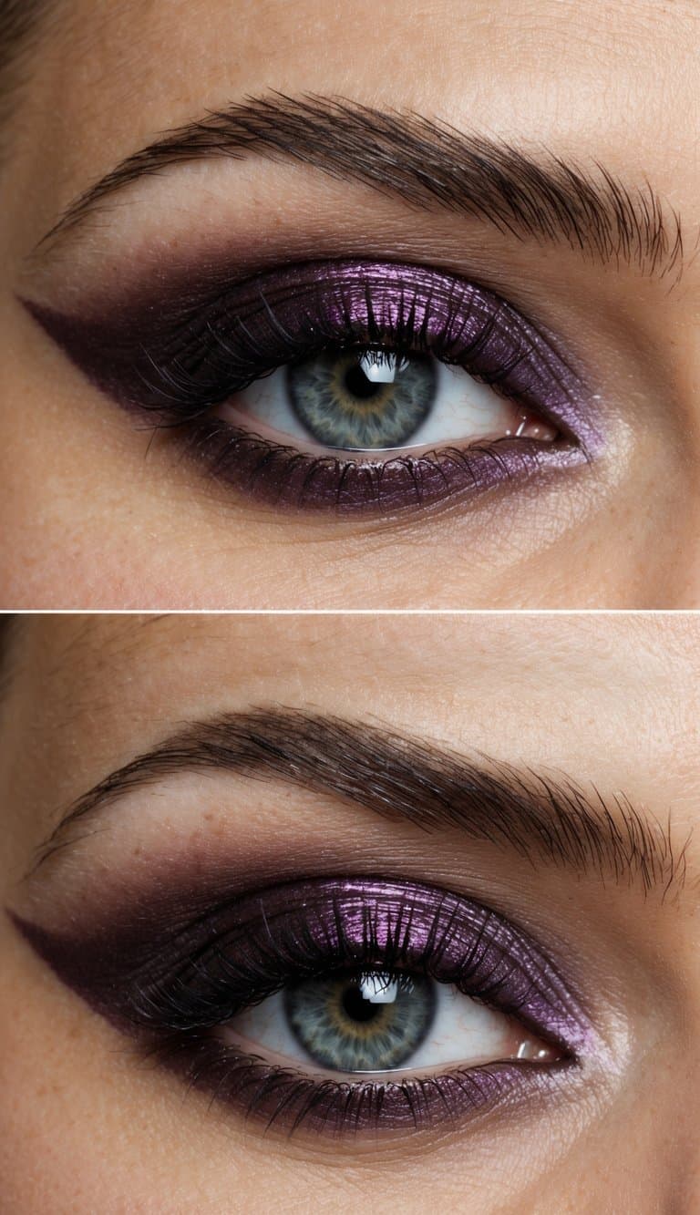 A close-up of a sultry eye with smudged mulberry velvet eyeshadow in a swirling vortex pattern