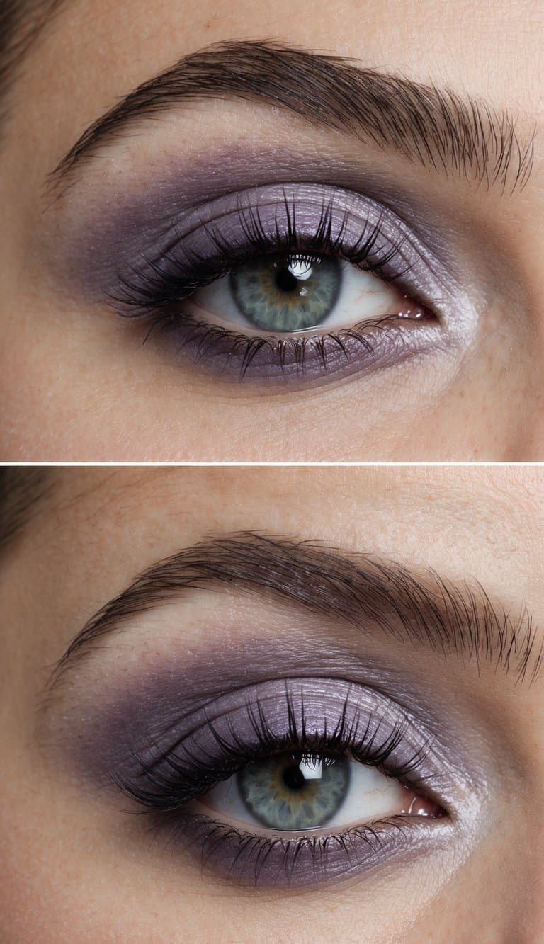 A close-up of a smudged lavender ash cloud eye makeup look with a grunge-inspired vibe