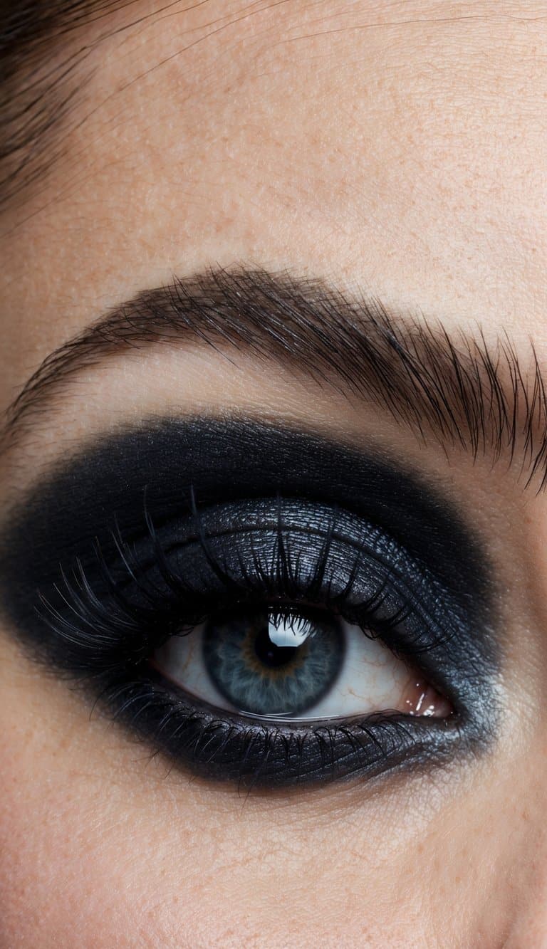 A close-up of a smudged, dark and edgy grunge-inspired eye makeup look with a hint of raven smoke