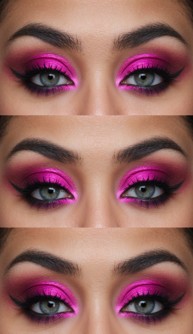 A close-up of a fuchsia flame whisper eye with smudged grunge makeup