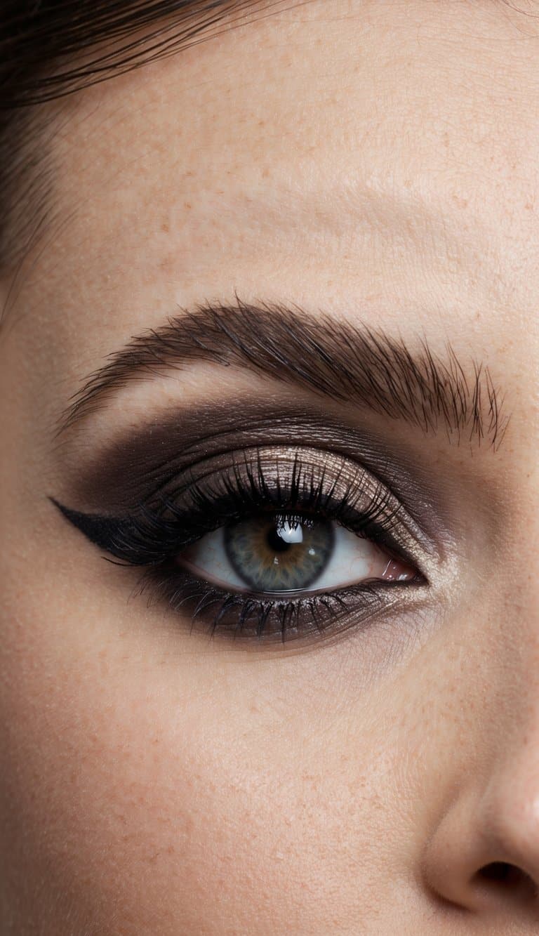 A close-up of a dark and edgy eye with smudged taupe eyeshadow and grunge-inspired makeup