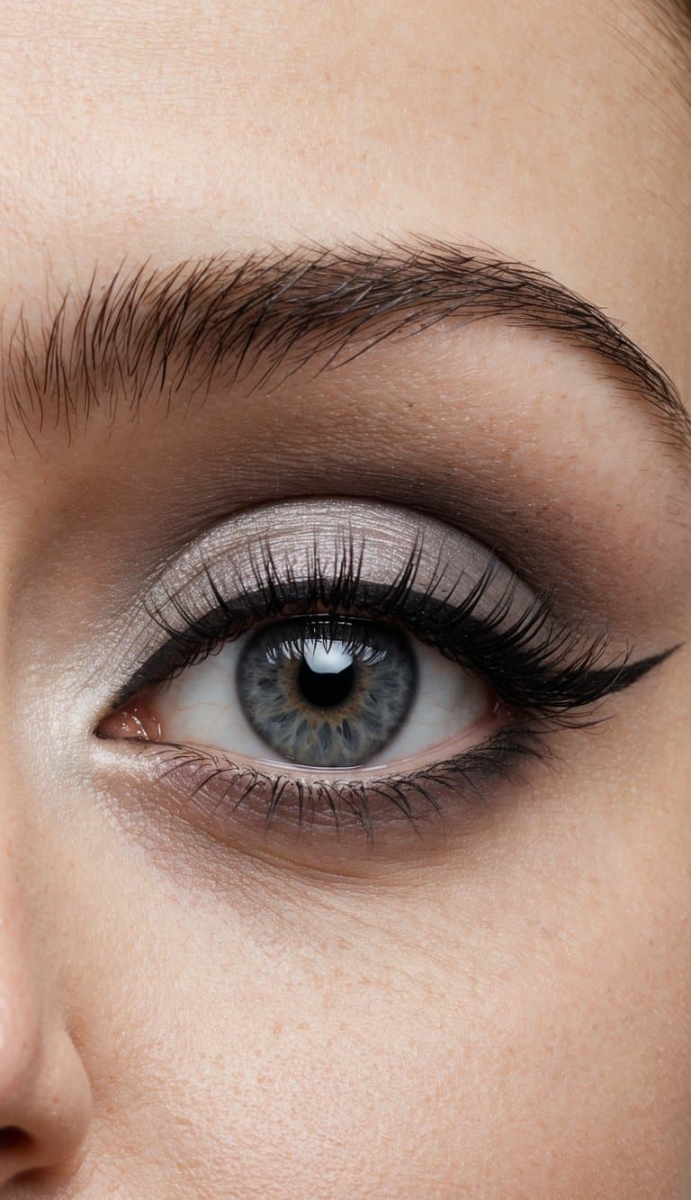 A close-up of a grey eye with elegant and striking eye makeup, featuring soft and smoky shades to enhance the natural beauty of the eye