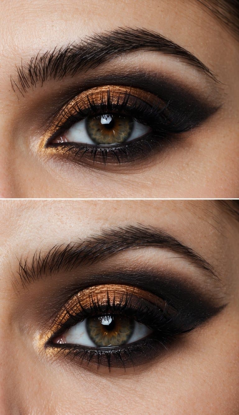 A close-up of a smudged, dark eye makeup look with burnt amber tones, creating an edgy and grunge-inspired vibe