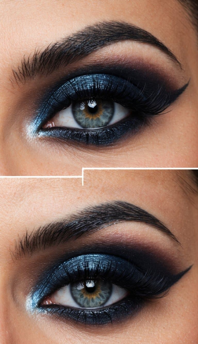 A close-up of dramatic, smoky eye makeup with bold and glamorous colors, creating a seductive and alluring look for a night out