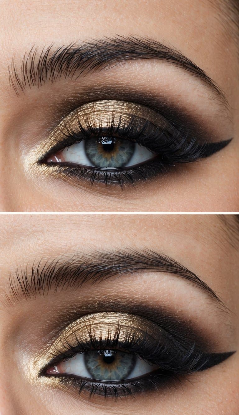 A close-up of a smokey eye with gold accents, showcasing a sophisticated and long-lasting makeup look