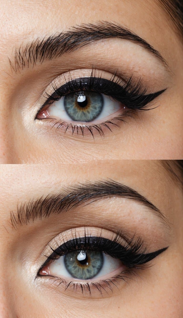 A close-up of an eye with classic winged eyeliner and sophisticated eye makeup, with a focus on the long-lasting and polished look
