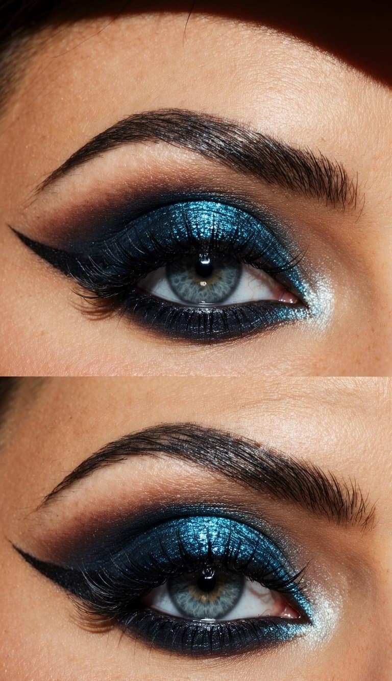 A close-up of vibrant, shimmering eyeshadow blending into a sultry, smoky eye look. Sparkling eyeliner and bold lashes complete the glamorous makeup
