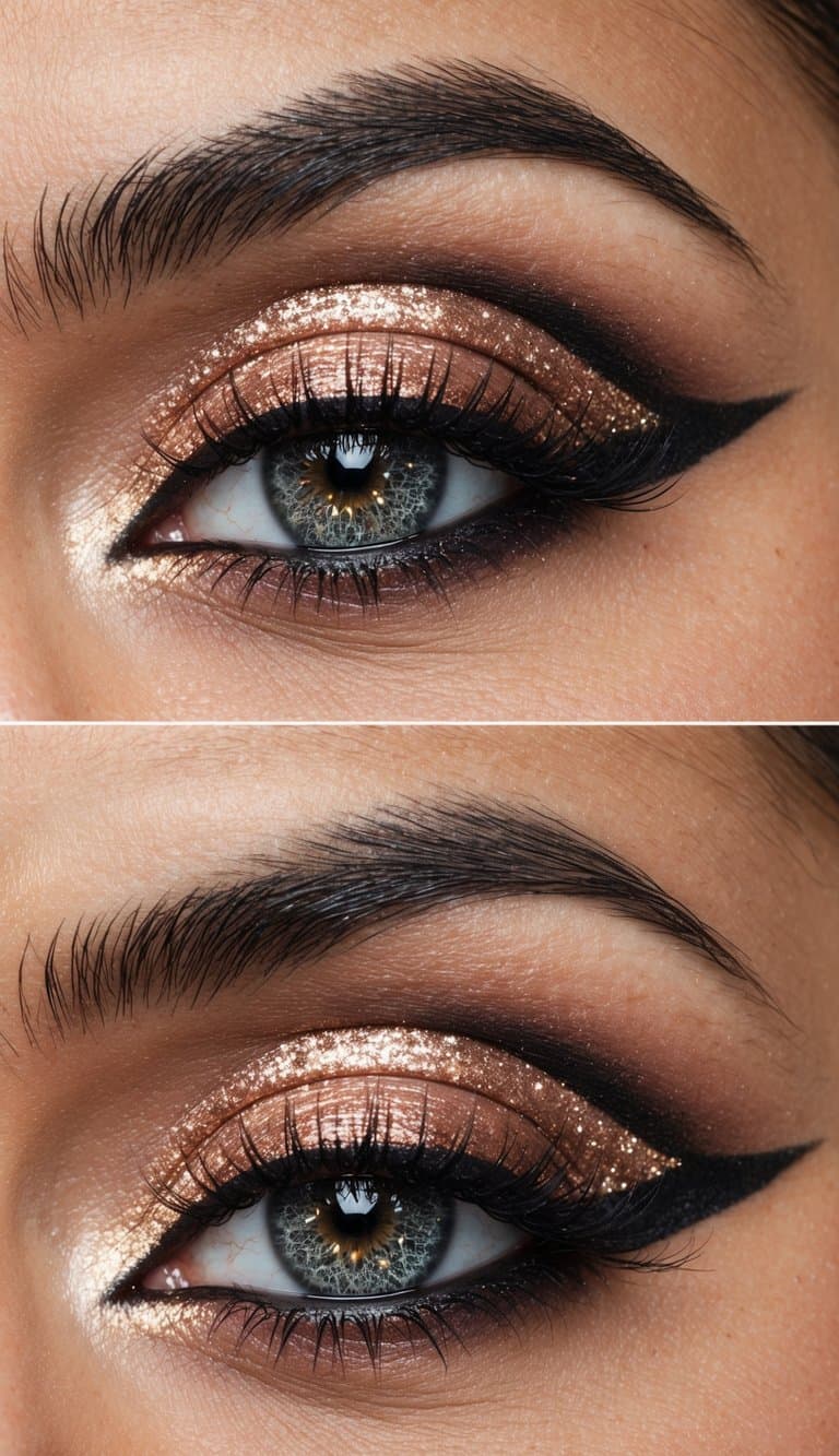 A close-up of a dramatic eye with rose gold shimmer, bold smokey eyes, and glittery accents for a glamorous night out