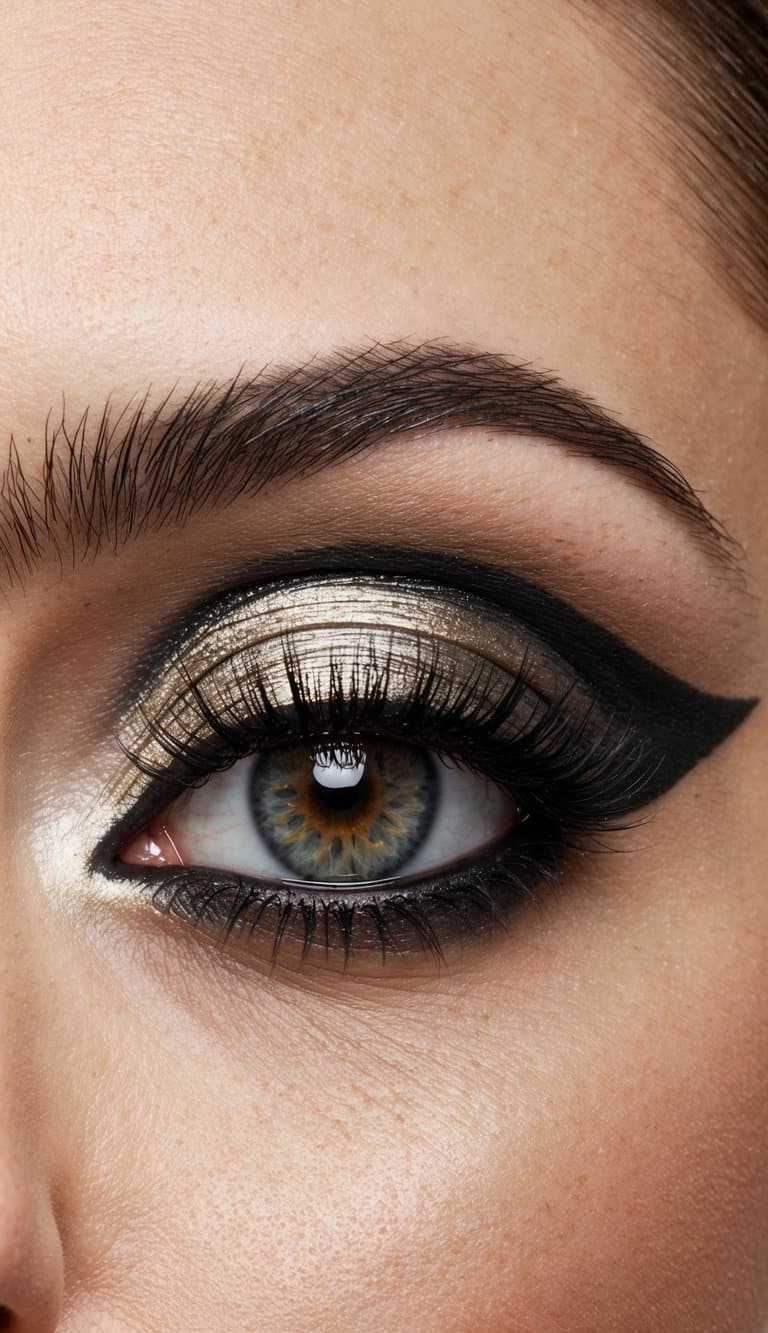 A close-up of an eyelid with a cut crease design in metallic hues, showcasing a sophisticated and long-lasting eye makeup look for graduation