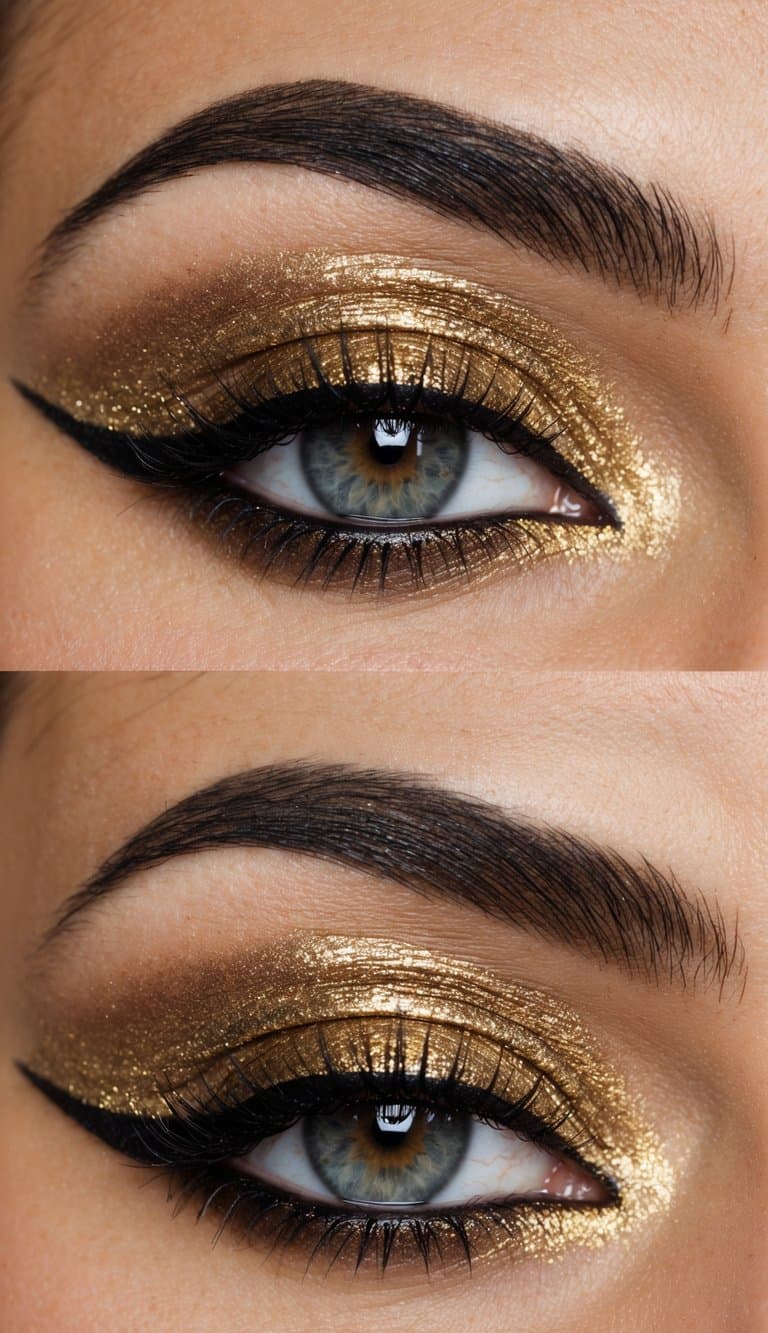 Glistening metallic gold eyeshadow with a dramatic smoky eye effect, paired with bold eyeliner and mascara for a glamorous night out look