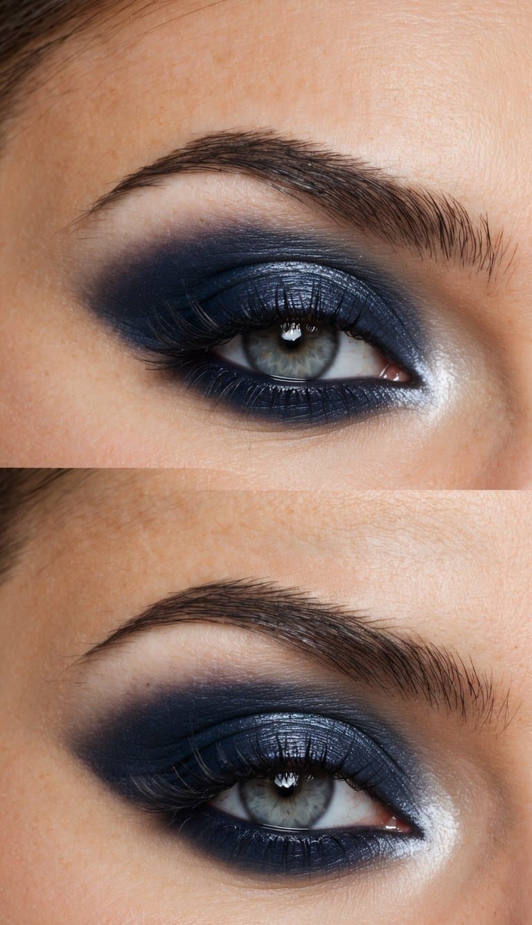 A close-up of a navy blue and silver smokey eye makeup look, showcasing sophistication and longevity