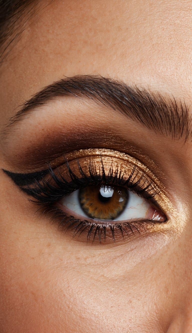 A close-up of a sultry eye with warm bronze shades, bold and glamorous, featuring smokey eyes and shimmering gold accents