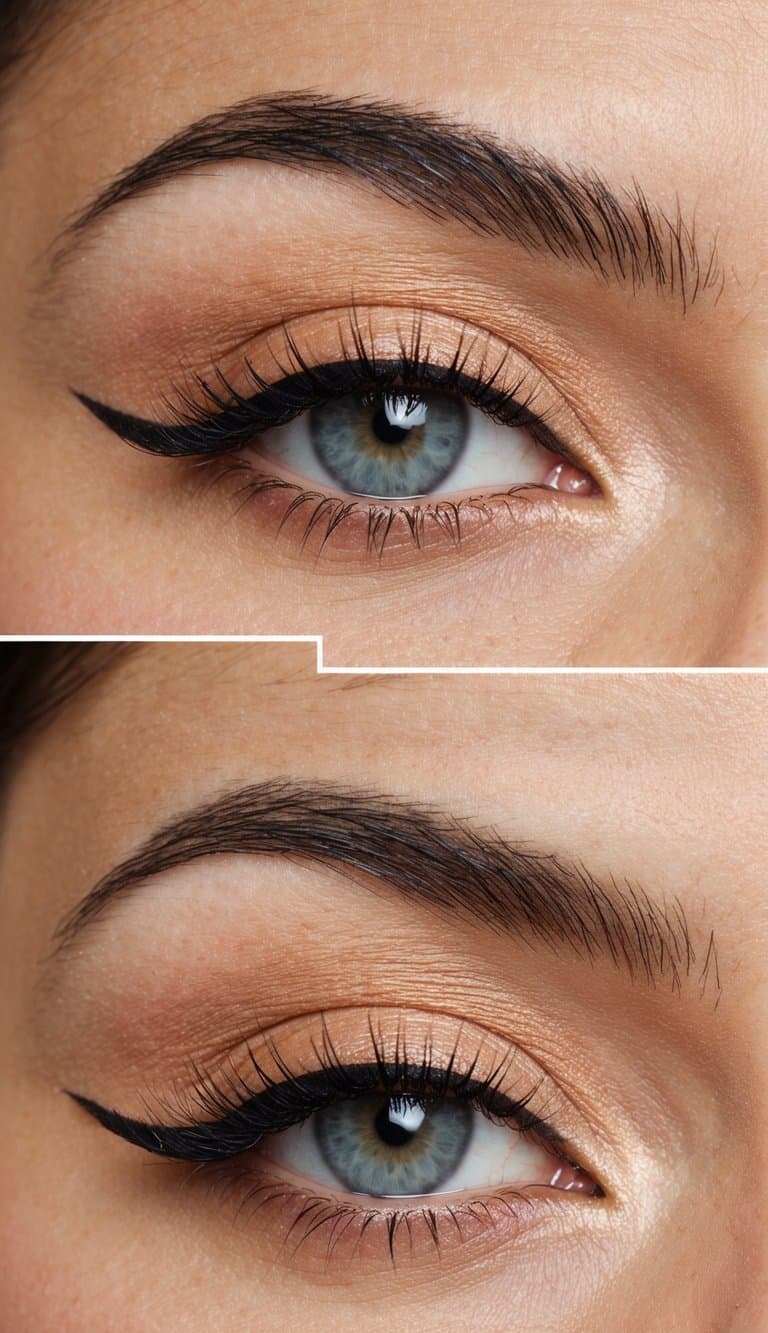 A close-up of peach-toned eyeshadow with soft eyeliner, creating a sophisticated and long-lasting graduation makeup look