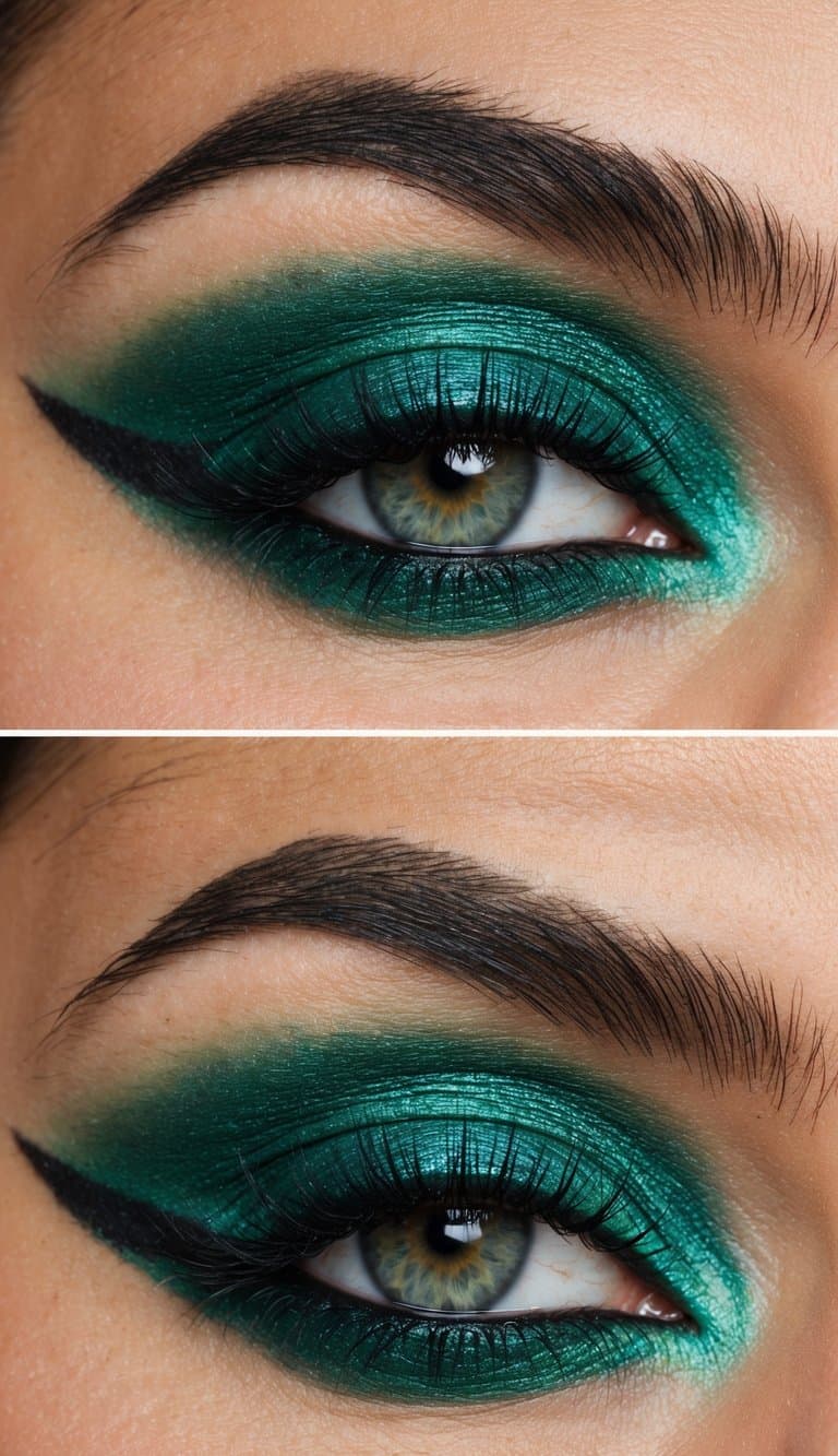 A close-up of a vibrant tropical green eyeshadow with a bold and glamorous smokey eye makeup look