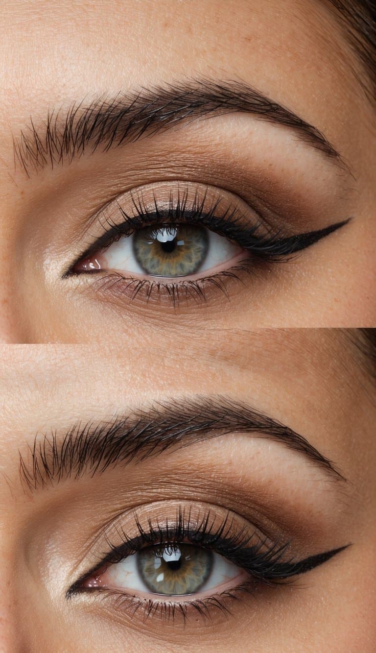 A close-up of an eye with a gradient of natural earth tones, enhanced with precise liner for a sophisticated and long-lasting makeup look