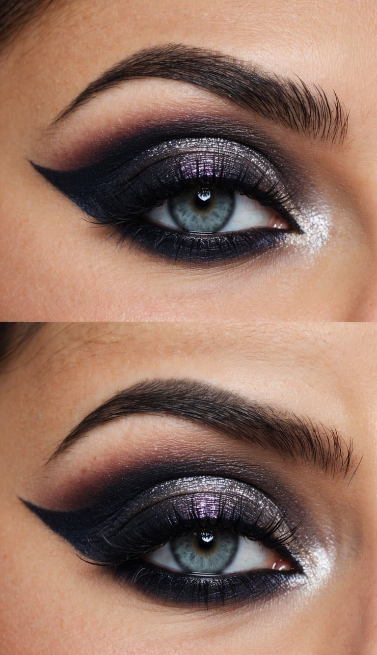 A close-up of glamorous and bold smokey eye makeup with soft halo eyes, featuring shimmering and dark eyeshadow shades
